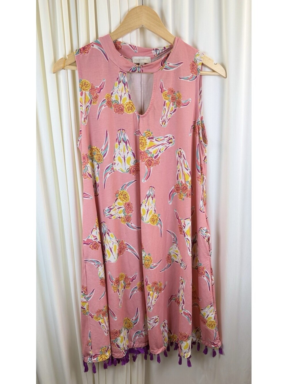 Simply Southern Dress Pink Floral Longhorn Cow Skull Tassel Western Boho Large